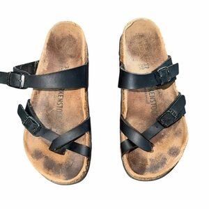 Birkenstock Mayari Sandals Black Leather Size 37 Women’s 6 Toe Loop